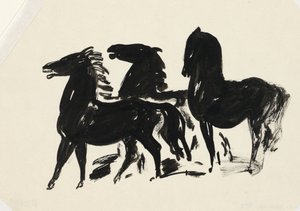 Three Black Horses Standing Looking Left