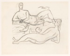 Naked Man and Woman on the Coastline, Surrounded by Seagulls