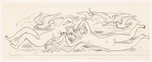 Two Naked Swimming Women and Five Seagulls