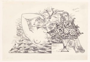 Female Nude in the Waves Releasing a Bird, with a Basket of Flowers in the Foreground by Leo Gestel