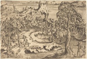 Landscape with a Woman Fleeing at the Sight of a Soldier by Leon Davent