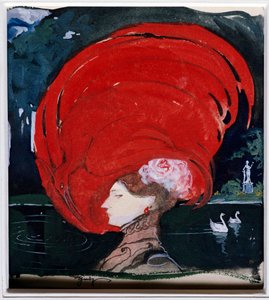 The Lady with the Red Hat, Portrait of an Elegant Woman with a Red Feathered Hat by Leo Schnug by Leon Schnug