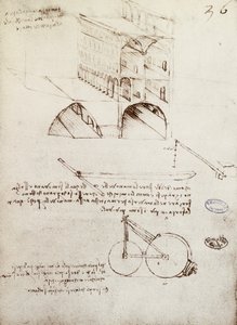 Manuscript B, f 36 r Architectural studies, development and sections of buildings in city with raised streets