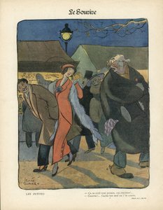 Illustration of Leonce Burret (1865-1915) in Le Smile, no. 4, 23/01/13 - Les petites - Nocturne, Prostitution, Paper casseroles, Floor lamp, Fur