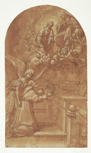 A Kneeling Franciscan (Francis of Assisi?), Supported by an Angel, Offering Flowers to the Enthroned Christ, Who Appears Carried by Angels with Mary Interceding by His Side