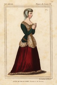 Anne Rogier de Beaufort, Viccountess de Turenne 1435-1479. Handcoloured lithograph after a stainless-glass window in the church of Cordelieres de Nantes in Roger de Gaignieres