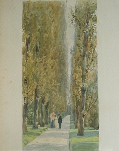 Giuseppe Verdi conversing with friends along the tree-lined avenue at his villa in Sant