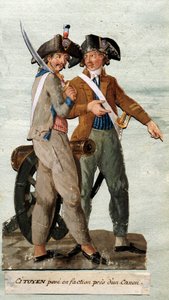 French Revolution: citizen poses in faction near a cannon. Gouache of the Lesueur brothers. 18th century. Musee Carnavalet, Paris