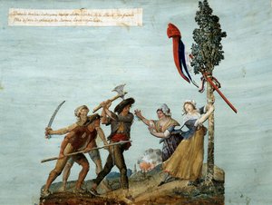 Robbers seek to shoot down the tree of Liberty, young girls in tears stop them from doing so (gouache by the brothers Lesueur)