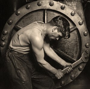 Close-up of a Power House Mechanic Working on Steam Pump c.1920 by Lewis Wickes Hine