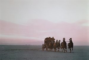 A Wells Fargo stagecoach on a modern publicity run on the Western Plains