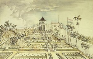 Dutch House with Enclosed Garden in Java Island, Indonesia, Engraving