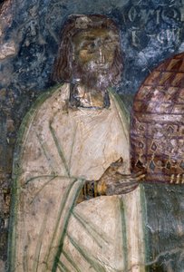 Fresco Buyer of Church of Agia Anna, Holding Model of Church, Fresco from 1642, Anisaraki, Crete, Greece
