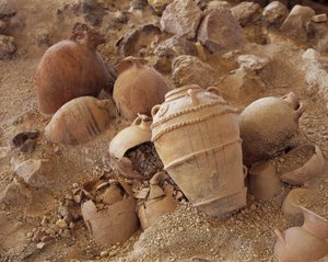 High Angle View of Damaged Amphoras, Akrotiri of Thera, Akrotiri, Santorini, Cyclades Islands, Southern Aegean, Greece