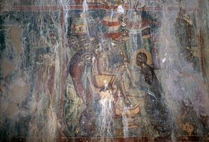 Jesus and Washing of Feet, Fresco in Byzantine Church of Agios Athanasios, Kefali, Crete, Greece