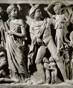 Marble sarcophagus, Relief depicting Prometheus myth, Detail, Hermes and one of the Fates, From Arles