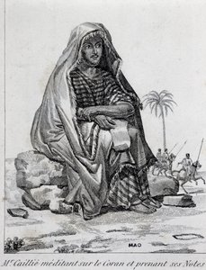 Rene Caillie, explorer wearing Arab clothes, meditating on the Qur