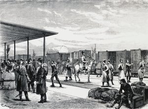 Russian Military Convoy in Bustiu Station, on Bucharest-Galati Railroad, Russian-Turkish War, Engraving, Romania by Unbekannt Unbekannt