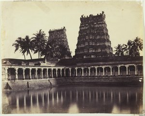 Madura. The Great Pagoda, Mootoo Alaghur and East Gopurum from Tank, 1858