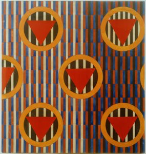 Red Triangles in Circles. Design for Upholstery Fabric by Ljubow Sergejewna Popowa