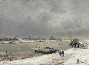 A Ferry Crossing Near Wijk bij Duurstede in Winter by Lodewijk Frederik Hendrik Apol