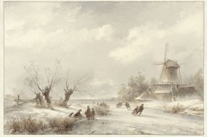 Winter Landscape with Skaters near a Mill by Lodewijk Johannes Kleijn