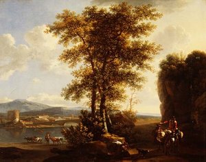An Italianate wooded river landscape with travellers on a path, a herdsman with cattle and a town beyond