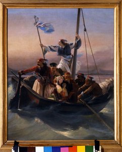 Greeks on a Ship Allegory of Greece Marching Towards Independence after the Ottoman Domination and the Greek War of Independence (1821-1830) or Greek Revolution. Painting by Ludovico Lipparini