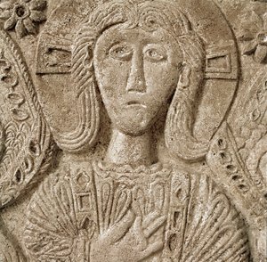Archaeology of the Middle Ages: Barbarian Art of Lombardy: Detail of Christ, Low Relief of the Altar of Duke Rachis. 737-744. Cividale del Friuli, Chretien Museum, Treasure of the Cathedral by Lombard School