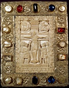 Archaeology of the Middle Ages. Barbarian art of Lombardy: the peace of Duke Orso. The ivory part represents Christ crucified surrounded by the Virgin, Saint Longinus the Centurion and Saint John. Lombard art of the 9th century. by Lombard School