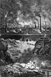Drawing by Leon Benett, from the book of Jules Verne “The 500 million of the Begum” - edition Hetzel/Extraordinary Voyages 1879. View of the “Steel City”, gigantic set of factories by Léon Benett