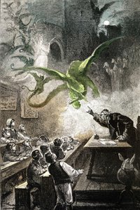 Illustration of the novel by Jules Verne “Le chateau des Carpathes”, edition Hetzel/Voyages extraordinaire 1892, drawing by Leon Benett. The magister Hermod evokes the castle with dragons, fairies, demons, spectres, revenants...