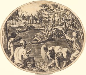 Fishing Scene by Léon Davent after Francesco Primaticcio