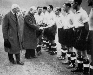 Winston Churchill Greets the England Football Team, Wembley, London, October 1941 by London News Agency