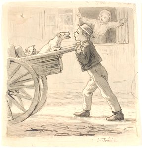A Boy Pushing a Cart with Dogs by Lorenz Frølich