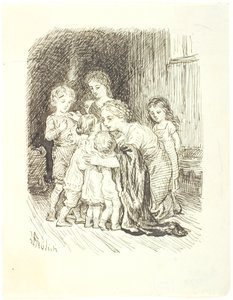 A Mother Kneeling and Gathering a Flock of Children Around Her
