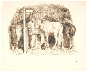 Horses in a Stable Being Watered by a Boy by Lorenz Frølich