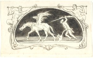 Vignette with a Worn-Out Pegasus in Front of a Plow, Driven by a Man with a High Hat, Armed with a Large Pen