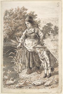 Woman and Child by a Duck Pond by Lorenz Frølich