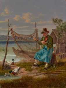 Fishermen Mending Nets by the Lake