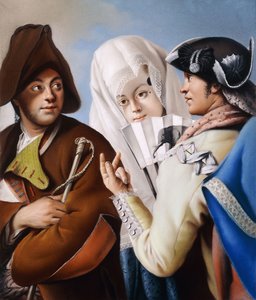 A Gentleman in a Phrygian Bonnet being addressed by a Gentleman in a yellow coat and black tricorn Hat with a Lady in a blue brocade Dress and white Mantilla by Lorenzo Baldissera Tiepolo