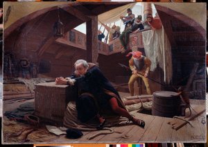 The Explorer and Navigator Christopher Columbus (1451-1506) Returning from His Third Voyage is Chained in the Cargo Hold