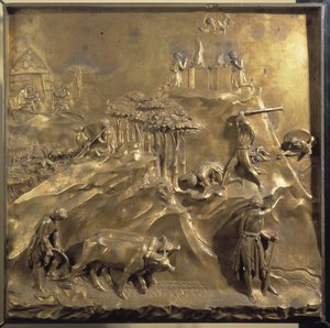 Life of Cain and Abel: the sacrifice, the murder of Abel and God banishing Cain. Original panel of the door of Paradise by Lorenzo Ghiberti
