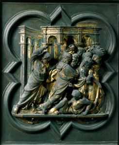 North Gate (called Gate of the Cross, in the North), exterior detail: Jesus chasing merchants from the Temple. Bronze sculpture made by Lorenzo Ghiberti by Lorenzo Ghiberti