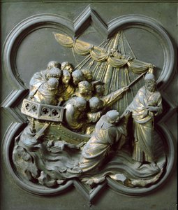 North Gate (called Gate of the Cross, to the North), external detail: Christ walking on water. Bronze sculpture made by Lorenzo Ghiberti by Lorenzo Ghiberti