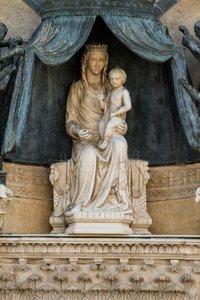 Madonna with Child on Bronze Canopy, lunette above central entrance, facade of Orvieto Cathedral, Umbria, Italy