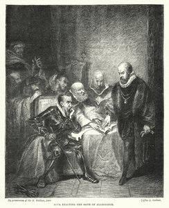 Alva exacting the Oath of Allegiance (engraving) by Louis (after) Gallait