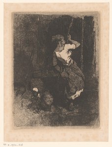 Woman drawing water from a well, with a seated child beside her by Louis Adolphe Hervier (attributed to)