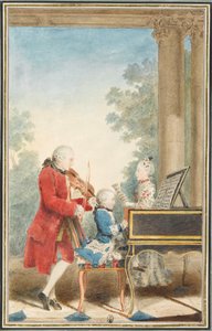 Portrait of Wolfgang Amadeus Mozart playing in Paris with his father Jean-Georg-Léopold and his sister Maria-Anna