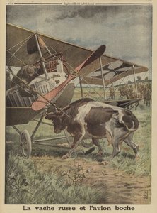 Cow preventing a German aircraft from taking off, Lutsk, Russia, World War I by Louis Charles (after) Bombled